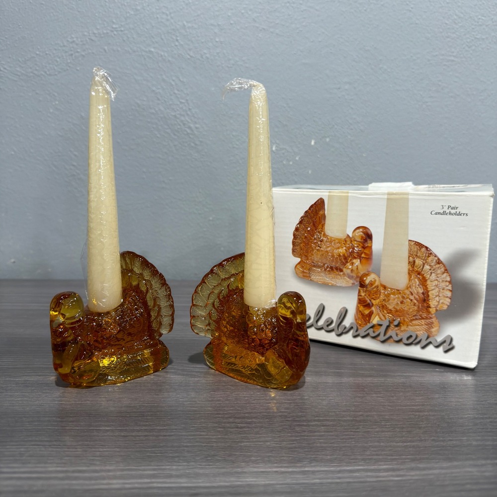 Crystal Clear 3in Amber Glass Turkey Candle Holders Set of 2 Thanksgiving Decor